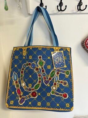Brighton Blue Canvas Tote with Multicolor Jewel 'Love' Motif